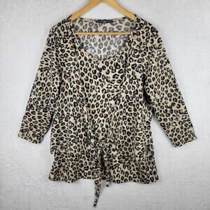 Bohemian Sz Large Knit Top 3/4 Sleeves Pullover Tie Front Combo Animal Casual